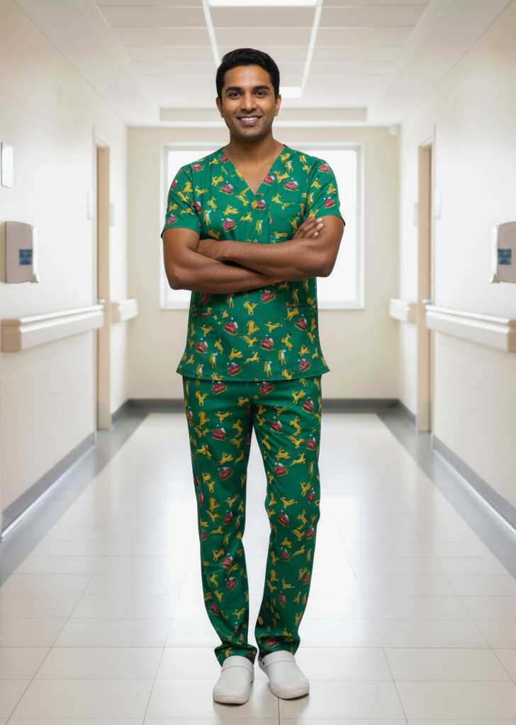 Green Santa Sleigh Christmas Scrub Bottoms