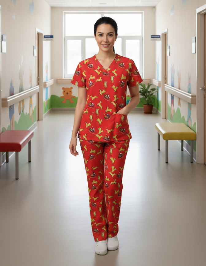 Red Santa Sleigh Christmas Scrub Bottoms