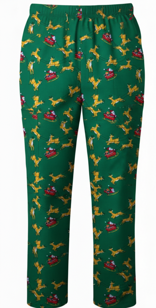 Green Santa Sleigh Christmas Scrub Bottoms