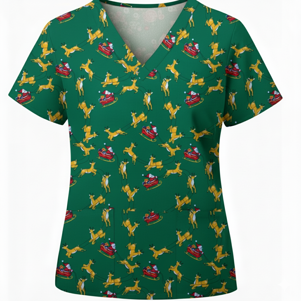 Green Santa Sleigh Christmas Scrub Set