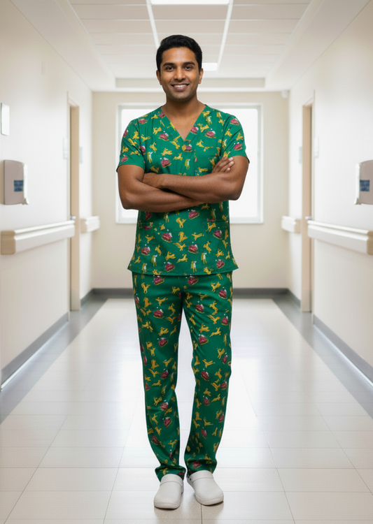 Green Santa Sleigh Christmas Scrub Set